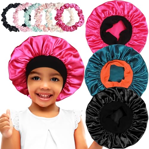 3pcs Satin Bonnets for Kids Sleeping, Cute Hair Bonnet with Scrunchies for Girls Curly Hair, D