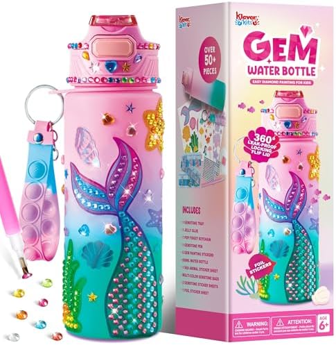 Klever Kits Decorate Your Own Water Bottle Kits for Girls Age 6+, Mermaid DIY Gem Diamond Painting Crafts, Girl Birthday Gift Arts and Crafts Fun Arts for Girls Birthday Christmas