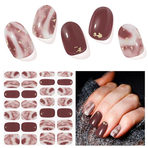 Semi Cured Gel Nail Strips, 28pcs Flowing Like Gold Real Nail Polish Art Stickers/Wraps, Includes Prep Pads, Nail File & Wood Stick, Sticker Nails for Women Girls Kids DIY Decorations Gifts