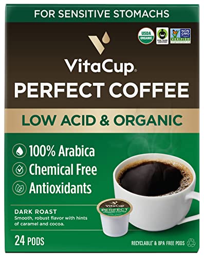VitaCup Perfect Low Acid Coffee Pods, USDA Organic & Fair Trade, Mycotoxin Free, Dark Roast Guatemala Single Origin, Clean & Pure Recyclable Single Serve Pod compatible w/Keurig K-Cup Brewers,24 CT