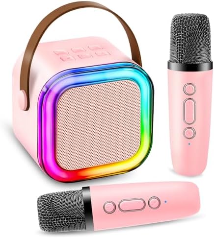 Karaoke Machine for Kids Adults,Portable Mini Singing Bluetooth Karaoke Speaker with 2 Wireless Microphones,Birthday Gifts Party for Boys Teen Girls Ages 3-12+ Year Old(Pink)