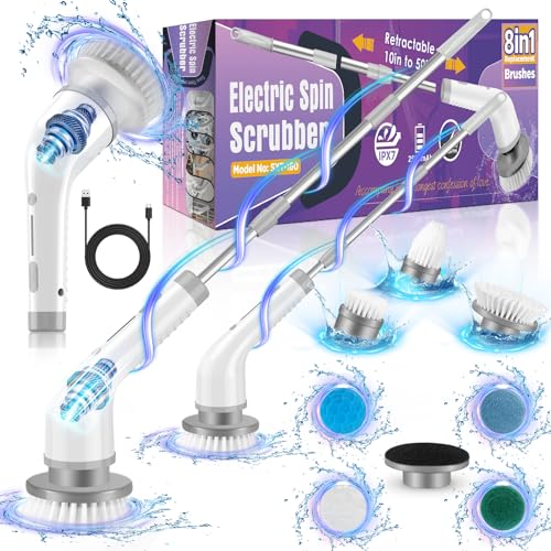 New Rechargeable Cordless Power Electric Spin Scrubber & 7 Replaceable Brush Heads with Adjustable Extension Handle Shower Scrubber Electric Cleaning Brush