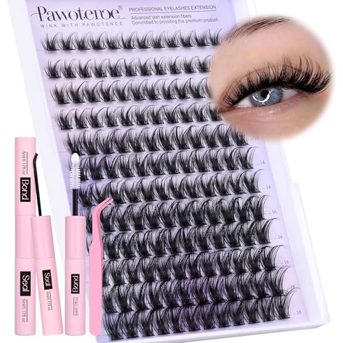 Pawotence Lash Clusters Kit Wispy Lash Extension Kit 10-18mm Cluster Eyelash Extensions Kit Individual Lashes 144pcs D Curled Eyelash Clusters with Lash Bond and Seal, Lash Tweezers for Self Use