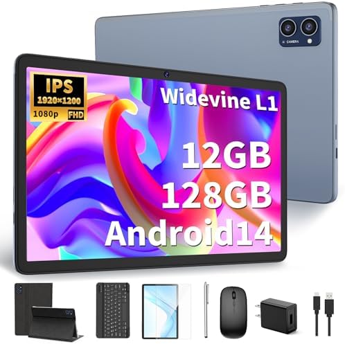 Android Tablet with Keyboard, 10 inch Android 14 Tablet, 12GB RAM+128 Storage(Expand to 1TB), Octa-Core, 2K 1920x 1200 Display, 13MP Dual Camera, 7000mAh, 5G/2.4G WiFi,GPS,Bluetooth 5.0 (Black)