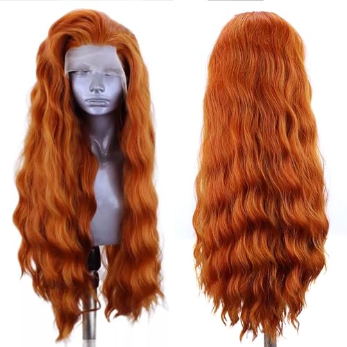 ELESTY 13 * 4 Ginger Orange Hair Synthetic Lace Front Wigs for Women Long Wavy Pre Plucked Natural Hairline Glueless Lace Front Wig Loose Curly Heat Resistant Fiber Hair Daily Party Lace Wig 24Inch