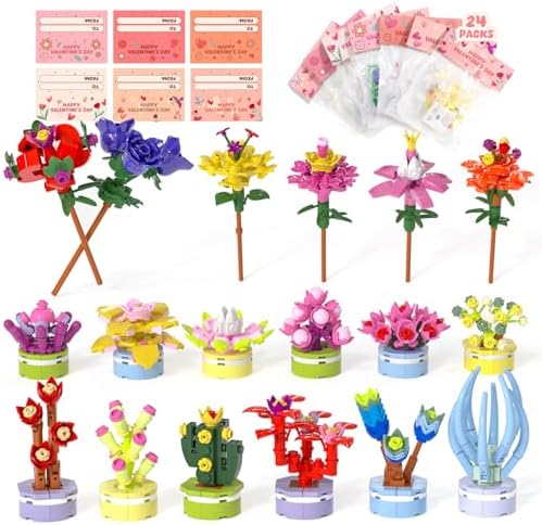 Valentines Day Gifts for Kids, Valentines Day Cards for Kids School with Flower and Succulents Building Blocks, Ideal for Kids Classroom Gift Exchange Building Set, Valentine Party Favor, 24 Packs