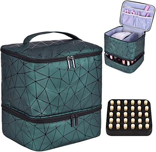 Nail Polish Organizer Holds 30 Bottles (15ml) and 1 Nail Light Nail Polish Carrying Case with Storage Pockets for Manicure Tools Double Layer Nail Polish Storage Travel Bag with Handle (A-Green)