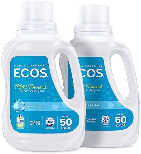 ECOS Laundry Detergent Liquid, 100 Loads - Dermatologist Tested Laundry Soap - Hypoallergenic, EPA Safer Choice Certified, Plant-Powered - Free & Clear, 50 Fl Oz (Pack of 2)