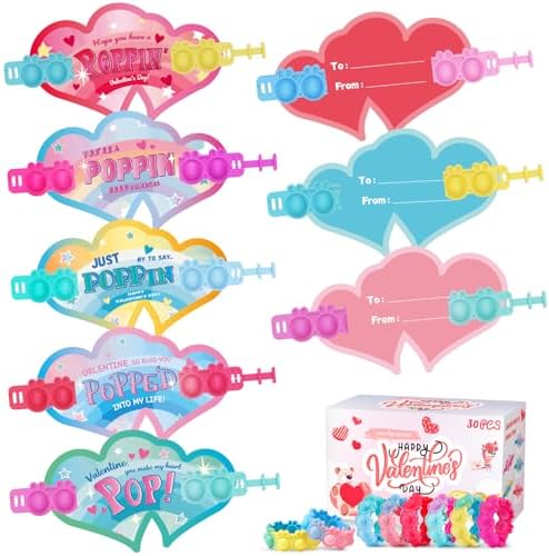 Valentines Day Gifts for Kids 30 Pack Pop Bracelets Fidget Toys Valentines Day Cards for Kids School Classroom Party Favors Valentines Exchange Gifts for Toddlers Girls Boys Class Prizes