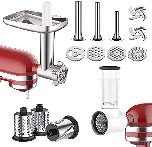 Meat Grinder & Slicer Shredder Attachments for KitchenAid Stand Mixer, Meat Grinder with Sausage Stuffer Tubesand and Slicer Shredder Set, 2 Pcs Attachment Set for KitchenAid Mixers By Cofun