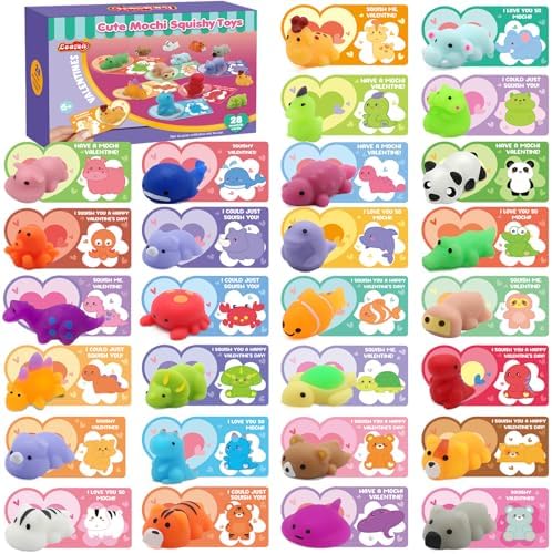 28 Pack Valentines Day Gifts for Kids, Mochi Squishies Party Favor Set with Valentines Animal Greeting Cards for Kids, Valentine's Day School Prizes Party Favor, Classroom Exchange Gift Set