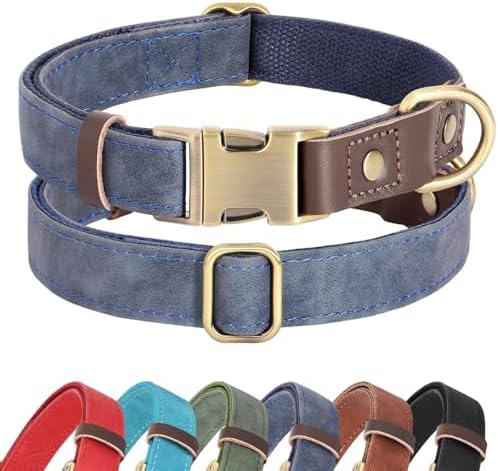 Didog Soft Padded Leather Dog Collar for Large Dogs, Classic Heavy Duty Dog Collars Adjustable with Quick Release Metal Buckle,Blue,L