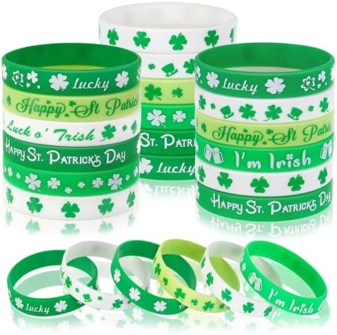 JUNEBRUSHS 42pcs St. Patrick's Day Silicone Bracelets, Green Shamrock Rubber Wristbands for Kids Adults St.Patrick's Day Party Ireland, Spring Party Favors Holiday Decorations Gift (6 Designs)