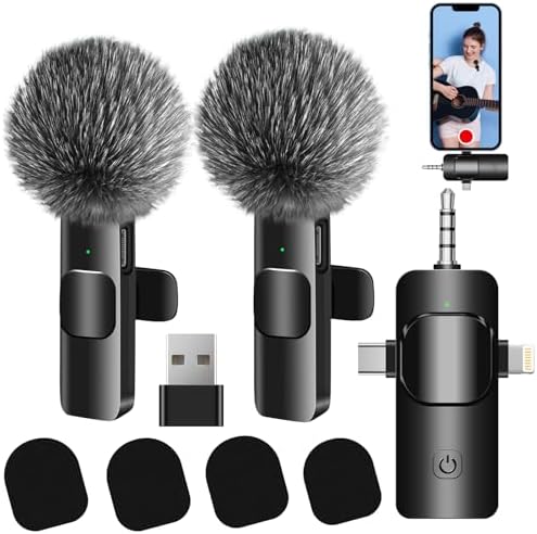 4 in 1 Wireless Lavalier Microphone for iPhone/USB C Android/Camera/Laptop PC,Mini Microphone 2.4G Ultra-Low Delay with Noise Reduction Cordless Lapel Mics for Video Recording, Vlog, YouTube, TikTok
