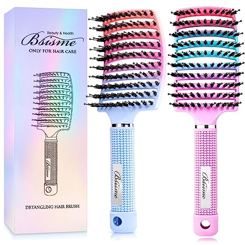 Boar Bristle Hair Brush, Curved Vented Detangler Brush Faster Blow Drying, Paddle Detangling Brush for Women Men Kids Wet Dry Long Curly Thick Straight Hair, Make Hair Shiny and Healthier(Purple+Blue)