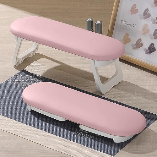 Nail Arm Rest, Foldable PU Leather Nail Arm Rest for Nails with Soft Table Mat, Soft Hand Rest for Acrylic Nails/Nail Hand Rest for Manicure Salon Use-Pink