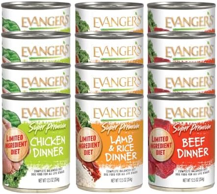 Evanger's Super Premium Limited Ingredient Canned Dog Food Variety Pack, 4 Chicken Dinner, 4 Lamb & Rice Dinner, 4 Beef Dinner, 12.5 oz Cans Variety Pack