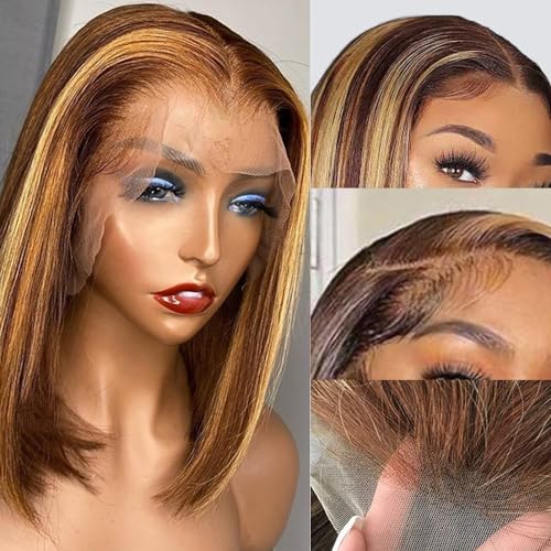 16 Inch Bob Wig Human Hair Highlight Ombre 13x4 Lace Front Wigs 4/27 Honey Blonde Glueless Wigs Human Hair Pre Plucked with Baby Hair 180 Density 12A Short Bob Wigs for Women Human Hair
