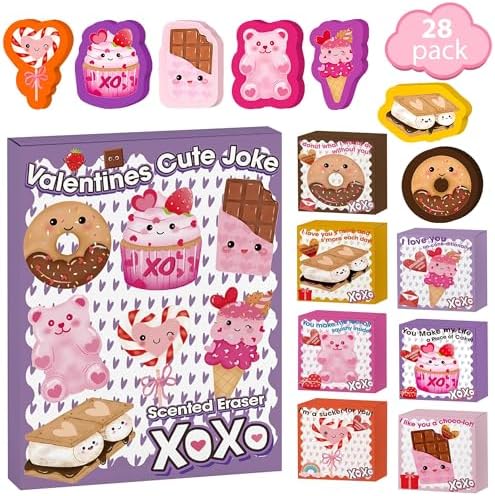 Scented Valentines Erasers for Kids - 28 Pack Food Scented Erasers with Valentines Boxes, Valentine Exchange Cards for School Classroom, Valentines Party Favors, Kids Valentines Day Gifts