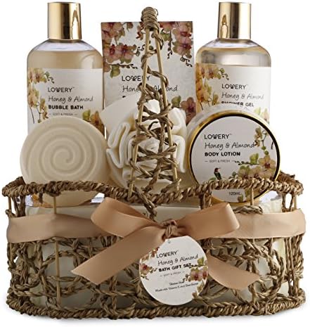 Valentines Day Gifts Womens Gifts, Gift Baskets for Women Who Have Everything, Home Spa Honey & Almond Scent, Luxury Bath & Body Set - Shower Gel, Bubble Bath, Body Lotion, Salts, Bath Bomb, Bath Puff