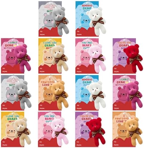 NBDIB 14Pcs Plush Bears with 14 Valentines Day Gift Cards for Kids, Mini Stuffed Animals Bulk Toys for Party Favor, Plush Bear Keychains for Kids Valentines Day Exchange Gift Classroom Prizes