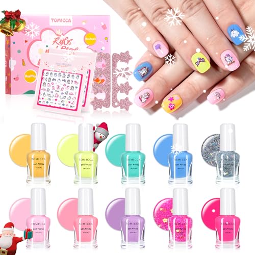 TOMICCA Kids Nail Polish Set, Non Toxic Quick Dry Water-Based Peel-Off 10 Colors Toddler Nail Polish Kit Natural Safe Quick Diy Nail Polish Gifts Kit for Girls Ages 5+