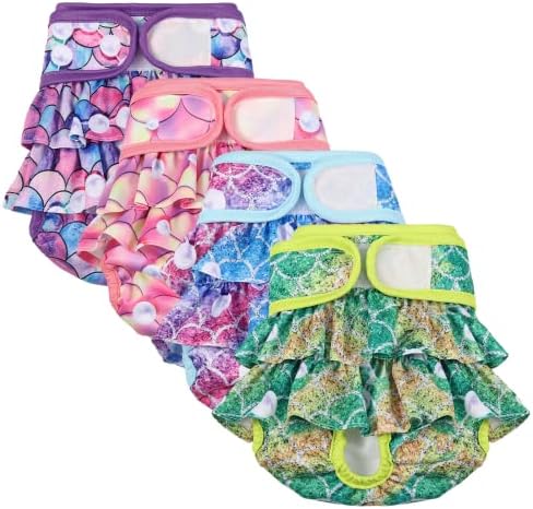 4 Pack Dog Diapers Female Washable Dog Diapers Reusable Puppy Diapers Highly Absorbent Comfortable Doggy Diapers for Dogs in Heat or Excitable Urination (S, Mermaid)