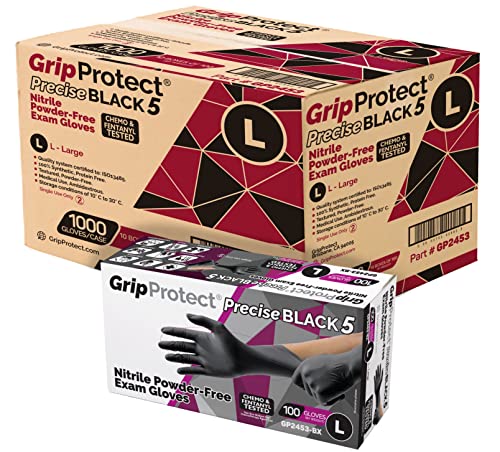 GripProtect Precise Black 5 Nitrile Exam Gloves | 5 Mil Thickness | Chemo-Rated | Medical, Law Enforcement, Tattoo, Dental, Janitorial, Food & Agriculture (L, 1,000)