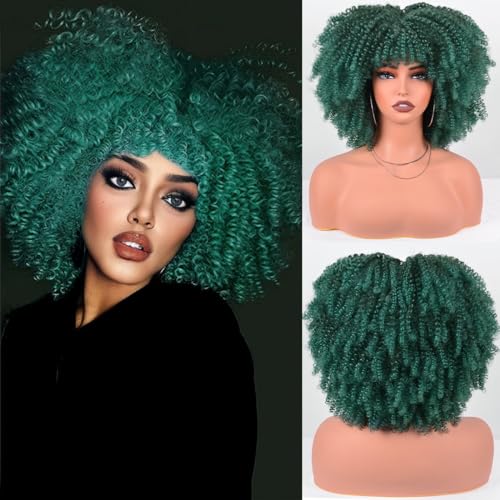 Kinky Curly Wig with Bangs 12 Inches about 280g/Piece Full Machine Made Scalp Top Wig Afro Kinky Curly Synthetic Hair Cosplay Wig (Dark Green)