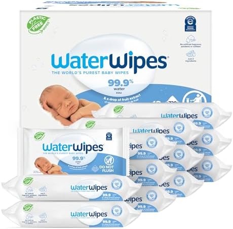 WaterWipes Plastic-Free Original Baby Wipes, 99.9% Water Based Wipes, Unscented & Hypoallergenic for Sensitive Skin, 60 Count (Pack of 12), Packaging May Vary