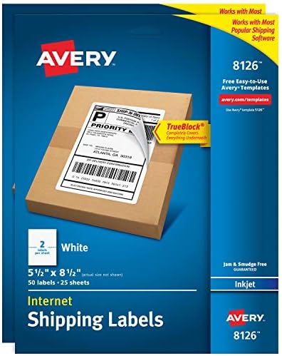 Avery Printable Shipping Labels, 5.5" x 8.5", White, 50 per Pack, 2 Packs, 100 Blank Mailing Labels (8126)