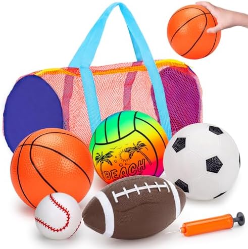 5 Pack Sports Balls Set for Kids with Bag Balls for Toddlers 1-3 Football Soccer Basketball Baseball Volleyball Indoor Outdoor Toys Sport Bouncy Playground Kickball Hand Pump Toddler 1-3 2-4 3-5 Gifts