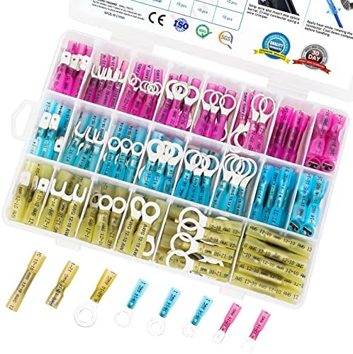 TICONN 250Pcs Heat Shrink Wire Connectors, Waterproof Automotive Marine Electrical Terminals Kit, Crimp Connector Assortment, Ring Fork Spade Splices