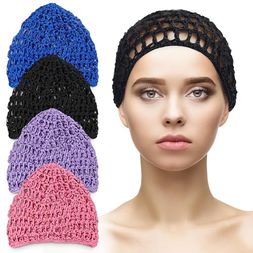 4 Pcs Hair Nets for Sleeping - Crochet Hair Net Cap for Wrapping Hair Snoods for Women Hair Nets for Women Sleeping Hair Wrap Net for Silk Press Mesh Hair Net for Sleeping - Crochet Net Cap for Hair