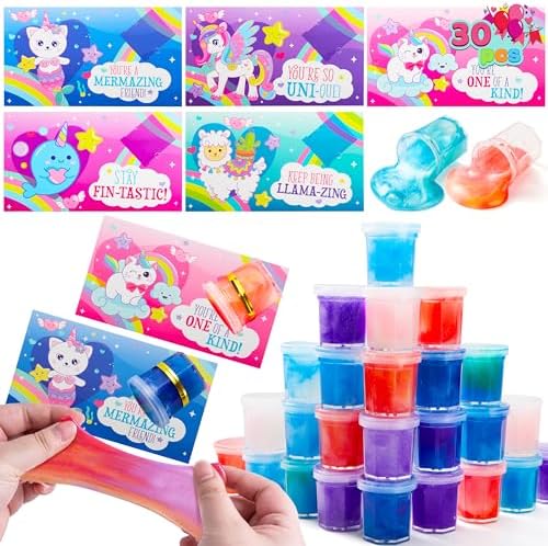 JOYIN 30 PCS V-Day Gift Cards with Fantasy Slime Stress Relief Fidget Toy for Kids, Classroom Exchange Prizes, Valenti Party Favors, Exchange Gifts Greeting Card