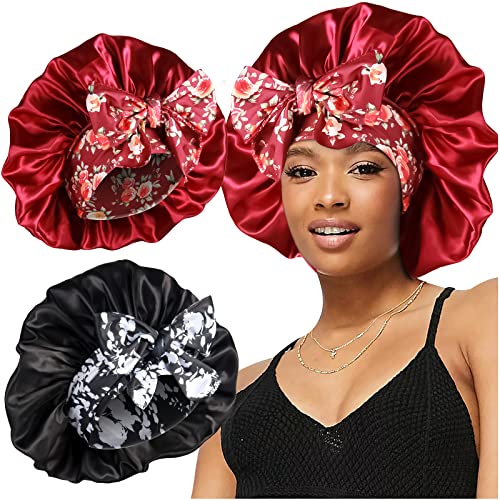 2pcs Large Silky bonnets with tie band Braid Bonnet, Satin Bonnet for Sleeping Curly Hair, C