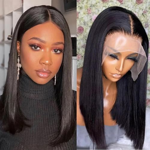 Bob Wig Human Hair 13x4 Lace Front Wigs for Black Women Human Hair Short Bob Wigs Hd Transparent Pre Plucked Straight Frontal Wig Human Hair Natural Black Color (16 Inch, Bob Wig Human Hair)
