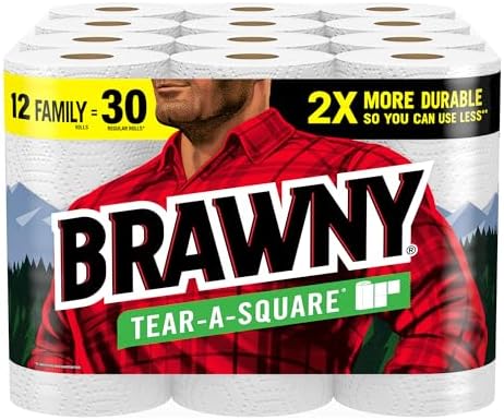 Brawny Tear-A-Square Paper Towels, 12 Family Rolls = 30 Regular Rolls, 2X More Durable*, 3 Sheet Sizes, Strong and absorbent extra-large roll