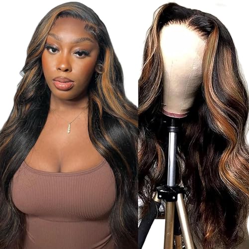 32 Inch 1B/30 Body Wave Highlight Lace Front Wig Human Hair Ombre Lace Front Wig Human Hair 13x6 Transparent Lace Frontal Wigs for Women Colored Light Brown Balayage Wig 200% Density Highlight Wig