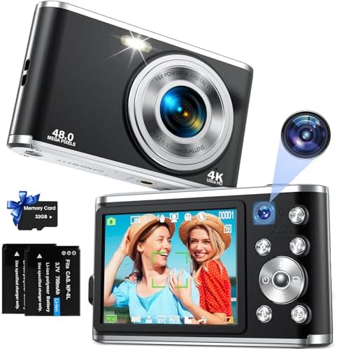 Digital Camera FHD 4K Vlogging Camera with Autofocus Dual Camera 48MP 16X Digital Zoom Kids Camera with 2.8" IPS Screen, Compact Travel Camera for Teens Adult Beginner,32GB Card,2 Batteries,Black