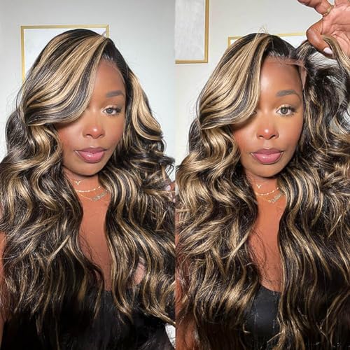 QNQZ Wear and Go Glueless Wig Human Hair 180% Density Highlight Ombre Lace Front Wigs No Glue Pre Plucked Natural Hairline 1B/27 Ombre Body Wave Wigs Human Hair for Beginners with Baby Hair 28inch