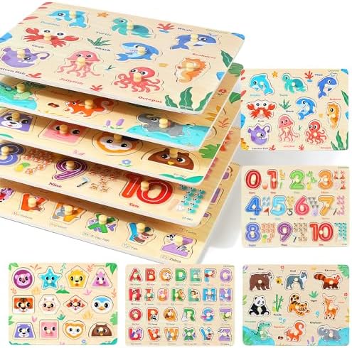 GRINNNIE Wooden Puzzles for Toddlers 1 2 3 Years Old, Montessori Toddler Toys 5PCS Peg Puzzles with Knob - Number, Alphabet, Shape, and Animal, Great Gifts for Boys Girls
