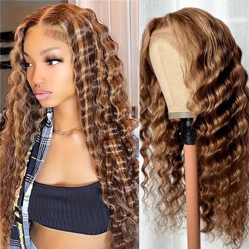DULOVE Highlight Ombre Deep Wave Lace Front Wigs Human Hair Pre Plucked with Baby Hair Glueless 13x4 Hd Transparent Lace Front Wigs Human Hair 4/27 Honey Blonde Lace Frontal Wig 200 Density 24inch