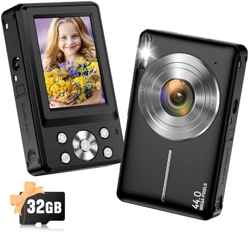 Digital Camera, 2024 Upgraded 1080P 44MP Digital Cameras for Kids, Digital Point and Shoot Camera with 16X Zoom, 32GB SD Card, Time Stamp, Compact Small Travel Camera for Boys Girls Teens, Black