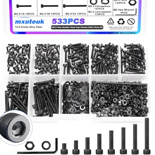 mxuteuk 533Pcs M2.5 x 4/6/8/10/12/16/20/25mm Hex Socket Head Cap Screws Bolts Nuts Kit,12.9 Grade Alloy Steel Assorted Screws with Hex Wrench