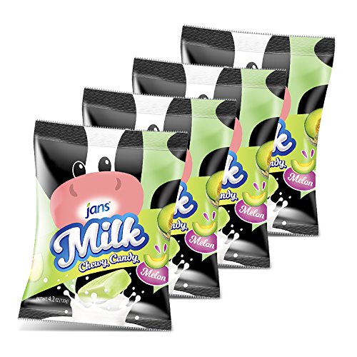 Jans Milk Chewy Candy Melon Flavor | Chewy and Non-Sticky Candy | Cholesterol-Free | Fat-Free | Low-Calories | Irresistible Treat for Kids and Adults 4.20 oz per bag (Pack of 4)