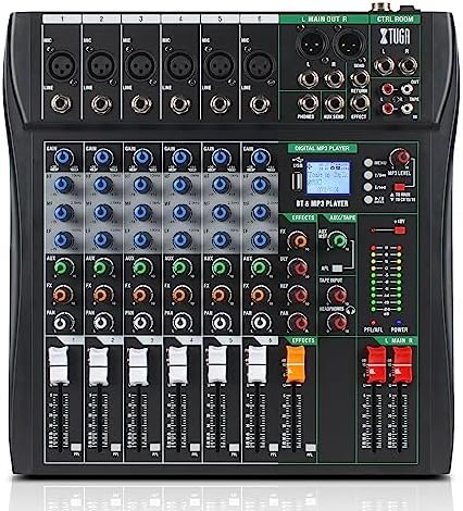 XTUGA 60CT 6 Channel Mixer for PC Recording Sound Controller Audio Interface with Digital Effect Studio Mixer with 48V Phantom Power RCA Input XLR