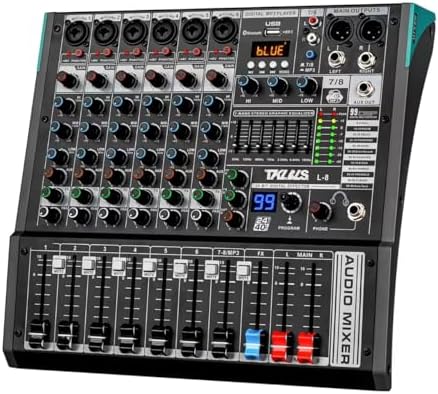 Audio Mixer, TKLBLS Professional 8 Channel DJ Mixer Board with 99-Bit DSP, Sound Board Mixing Console 7-Band EQ Output, USB Audio Interface, Bluetooth 48V Phantom Power For Karaoke Studio Streaming