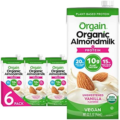 Orgain Organic Vegan Protein Almond Milk, Unsweetened Vanilla - 10g Plant Protein, Vitamin D & Calcium, No Lactose, Dairy & Soy Ingredients, Gluten Free, No Sugar Added, 32 Fl Oz (Pack of 6)