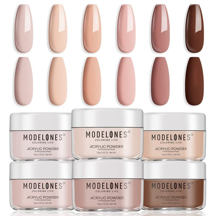 Modelones Acrylic Powder, 6 Pcs Nude Nail Acrylic Powder Set All Seasons Skin Tones Brown Neutral Nail Acrylic Powder for 3D Acrylic Nail Art Nail Carving French Nail Extension, Gifts for Women